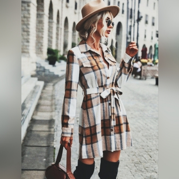 Boutique Dresses & Skirts - NEW Distressed Cozy Flannel Plaid Shirt Dress Shacket Tan White Black Button Up
